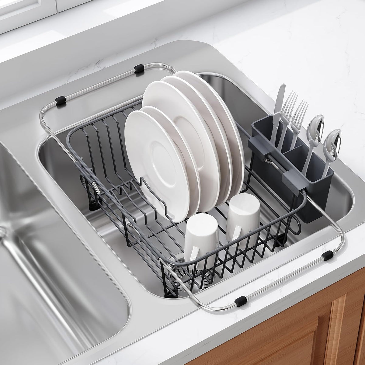 Black Dish Drying Rack in Sink, Dish Drainer with Utensil Holder