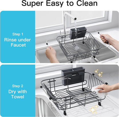Black Dish Drying Rack in Sink, Dish Drainer with Utensil Holder