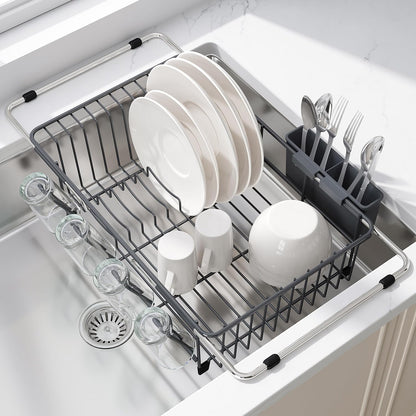 Black Dish Drying Rack in Sink, Dish Drainer with Utensil Holder