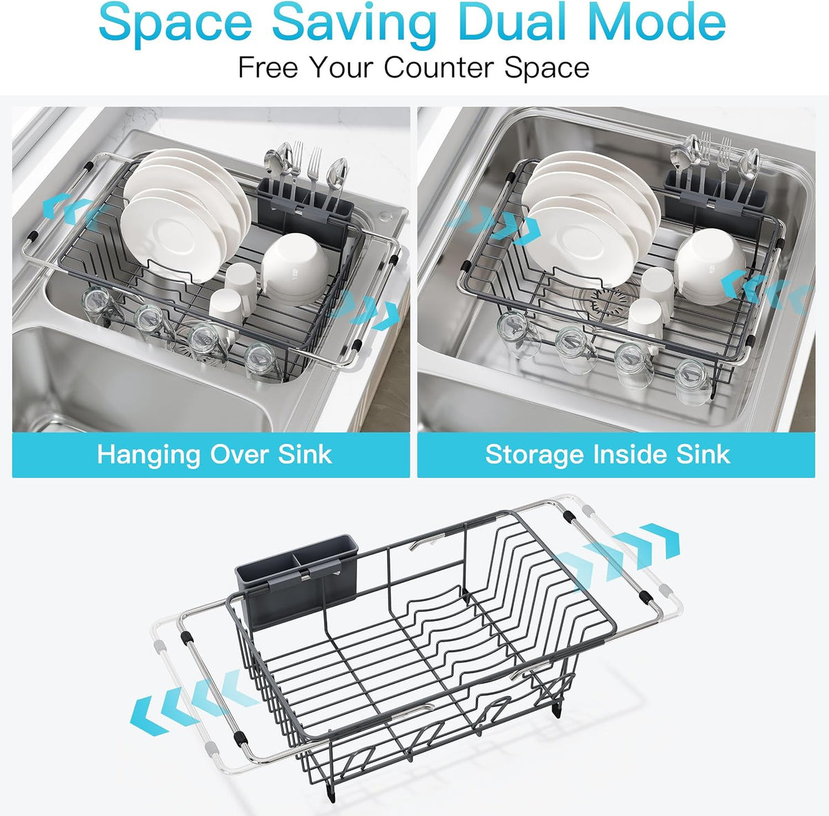 Black Dish Drying Rack in Sink, Dish Drainer with Utensil Holder