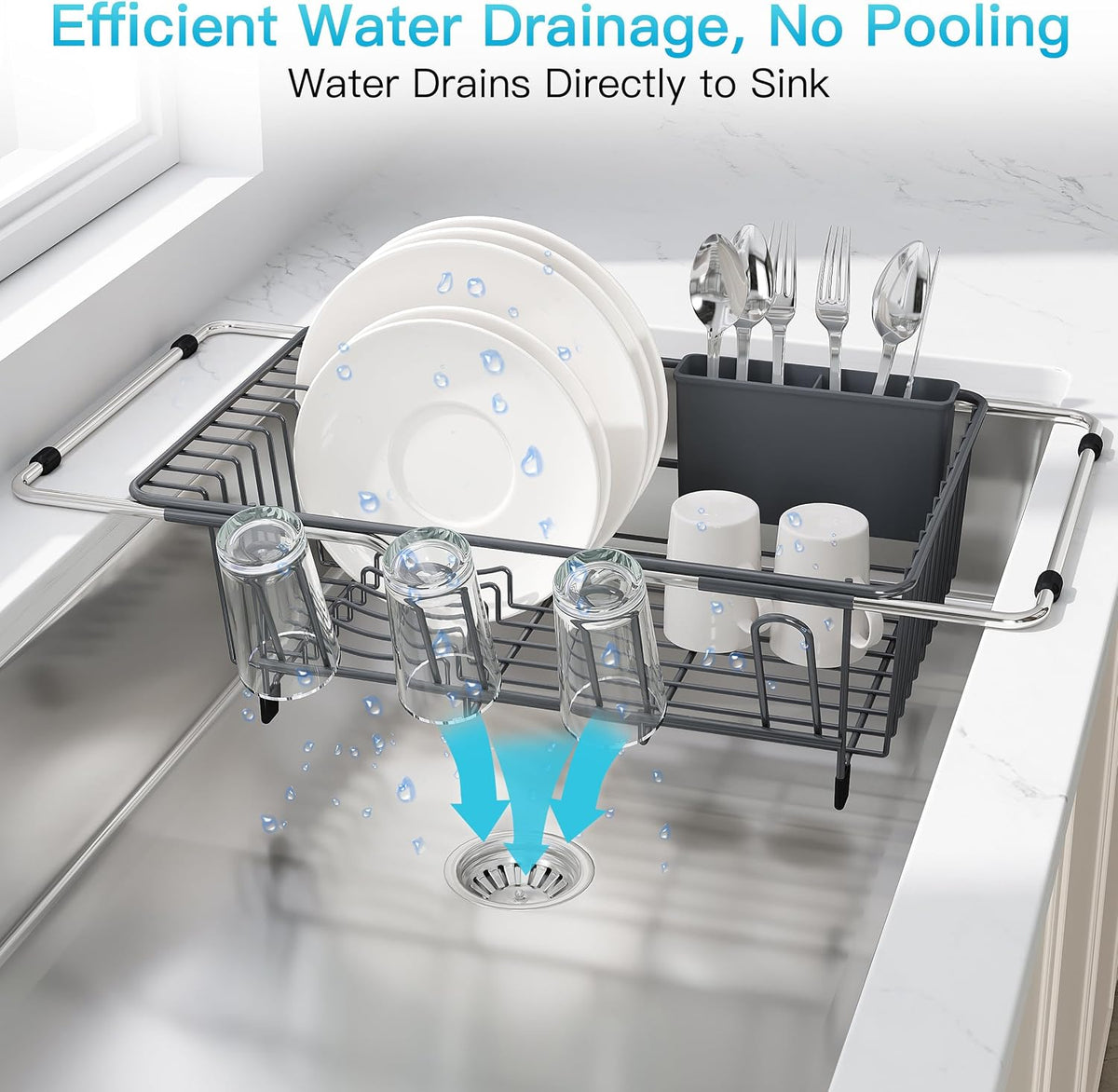 Black Dish Drying Rack in Sink, Dish Drainer with Utensil Holder