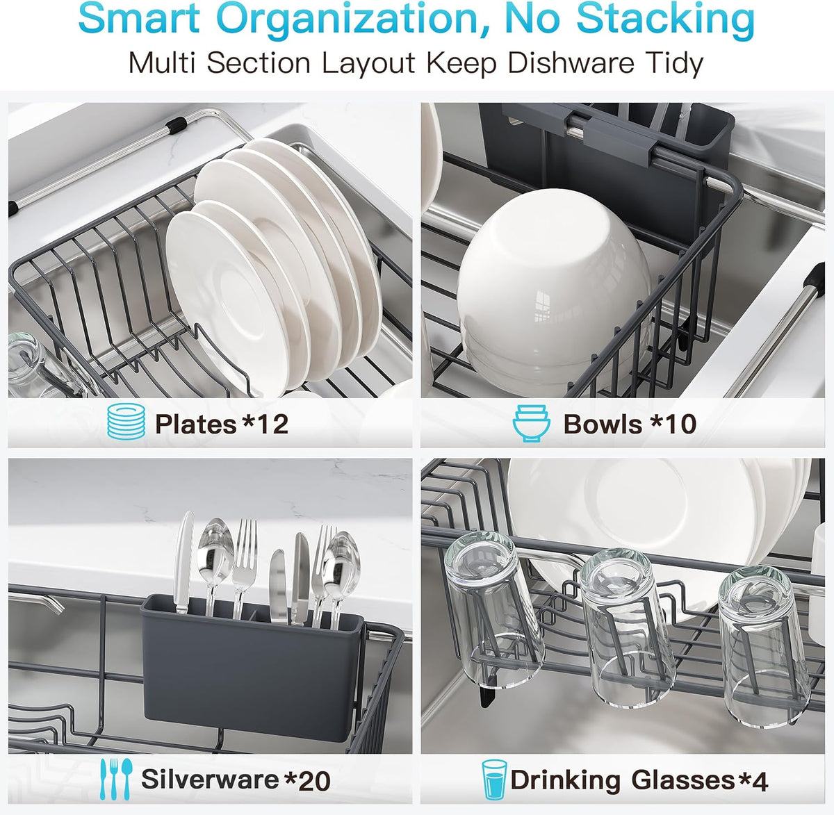 Black Dish Drying Rack in Sink, Dish Drainer with Utensil Holder