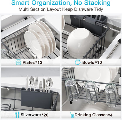 Black Dish Drying Rack in Sink, Dish Drainer with Utensil Holder