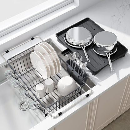 Black Dish Drying Rack in Sink, Dish Drainer with Utensil Holder