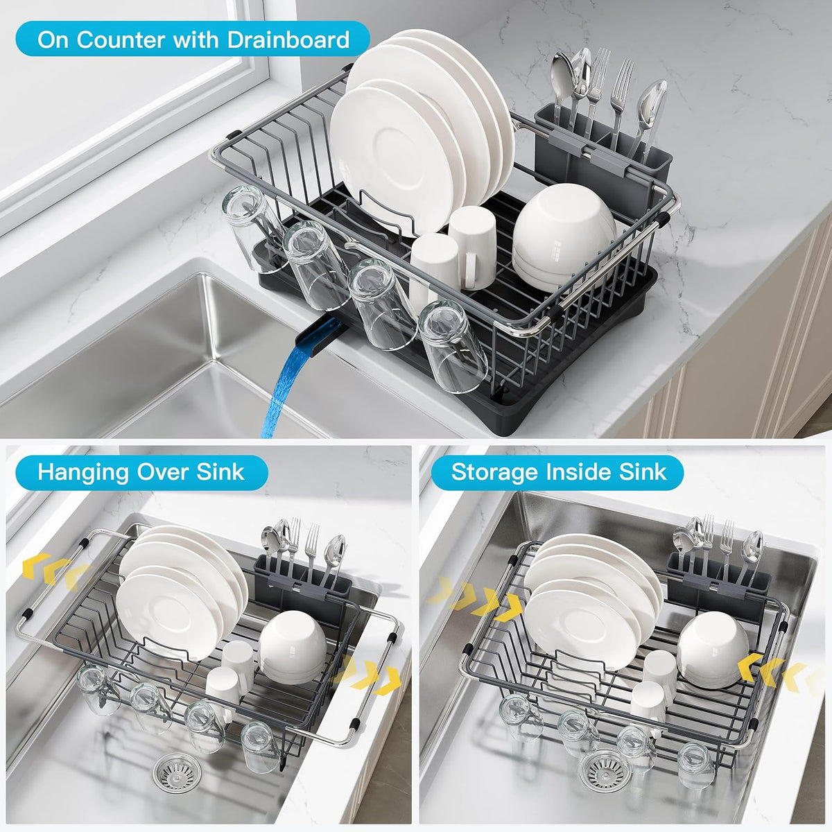 Black Dish Drying Rack in Sink, Dish Drainer with Utensil Holder