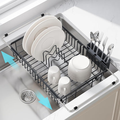 Black Dish Drying Rack in Sink, Dish Drainer with Utensil Holder