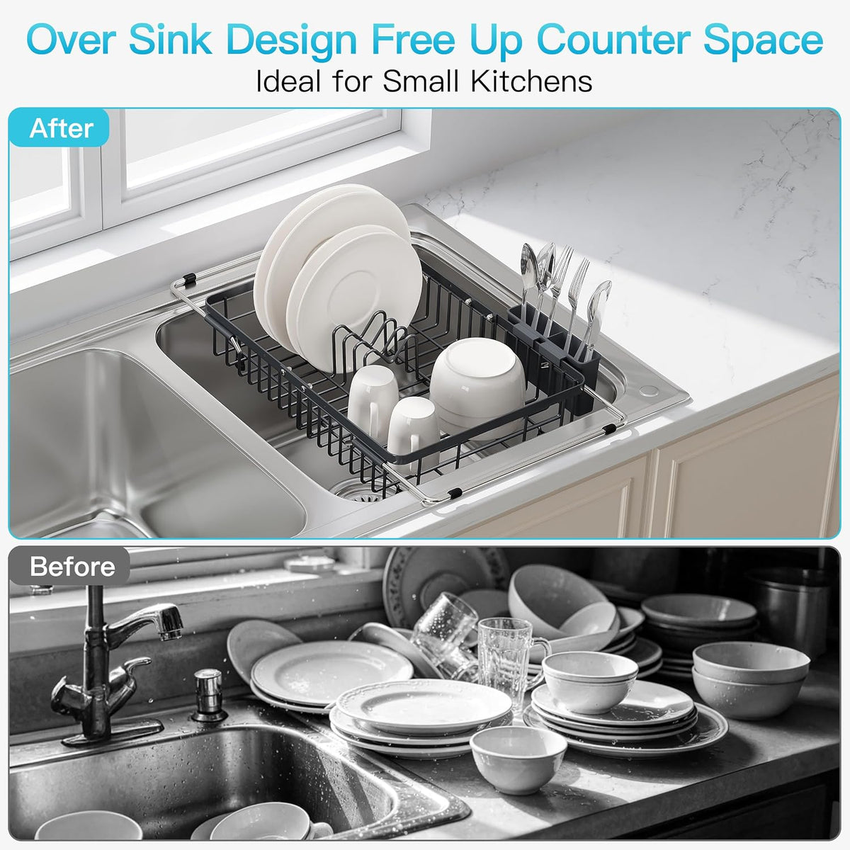Black Dish Drying Rack in Sink, Dish Drainer with Utensil Holder