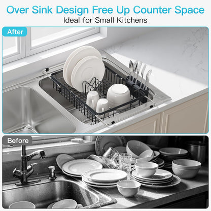 Black Dish Drying Rack in Sink, Dish Drainer with Utensil Holder