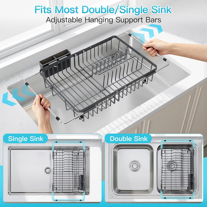 Black Dish Drying Rack in Sink, Dish Drainer with Utensil Holder