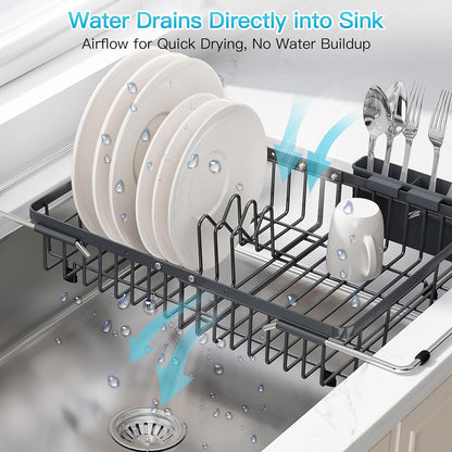 Black Dish Drying Rack in Sink, Dish Drainer with Utensil Holder