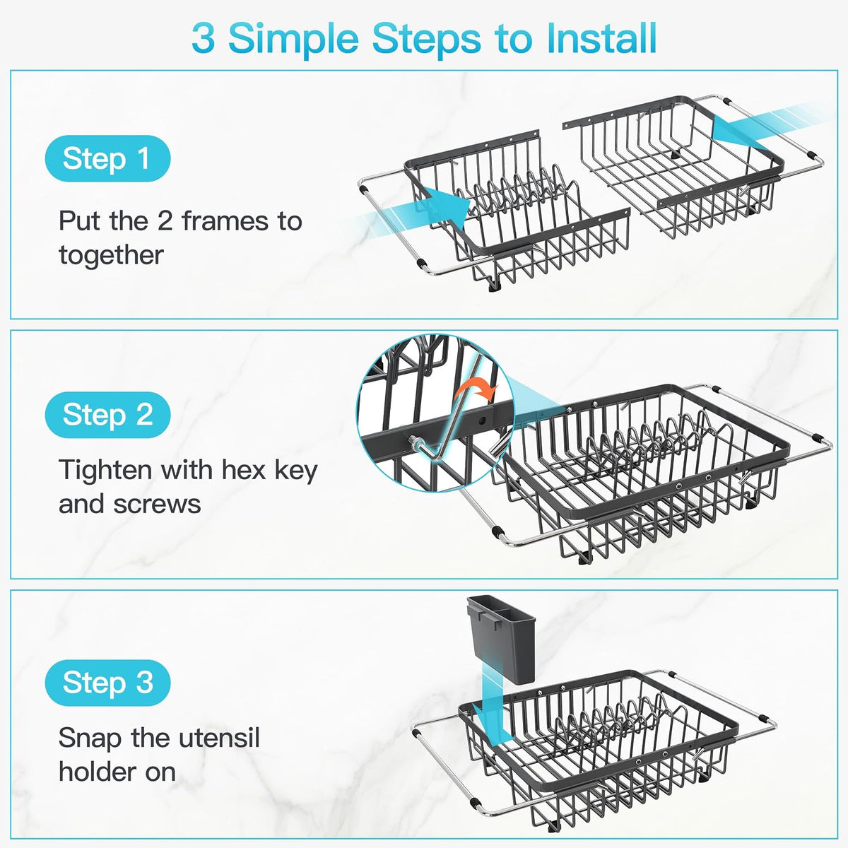 Black Dish Drying Rack in Sink, Dish Drainer with Utensil Holder