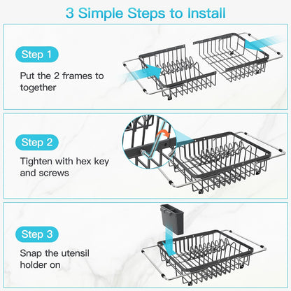 Black Dish Drying Rack in Sink, Dish Drainer with Utensil Holder