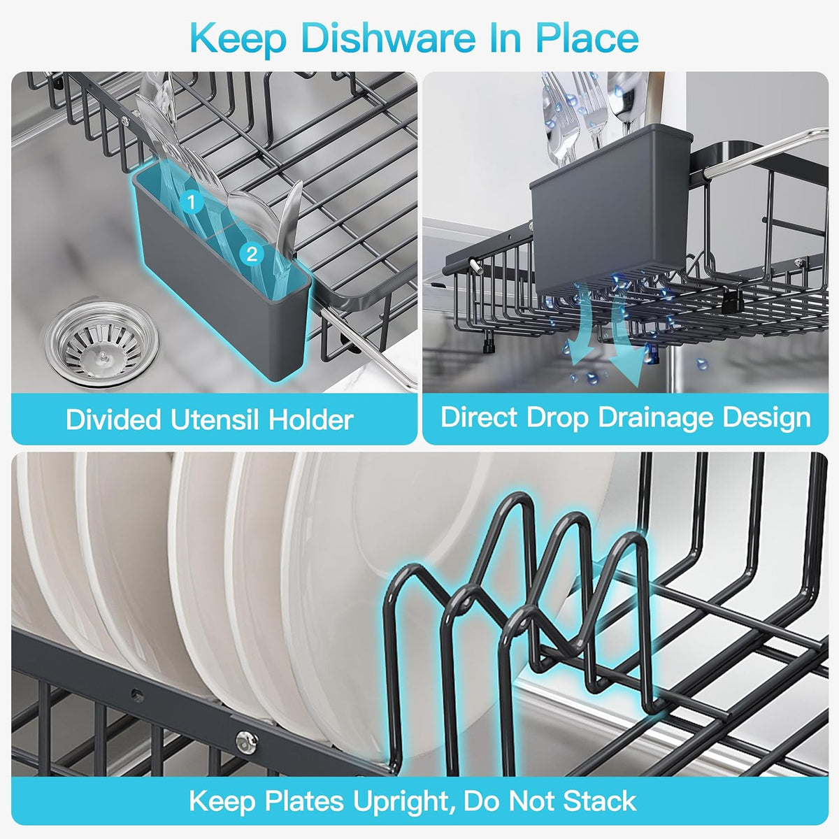 Black Dish Drying Rack in Sink, Dish Drainer with Utensil Holder