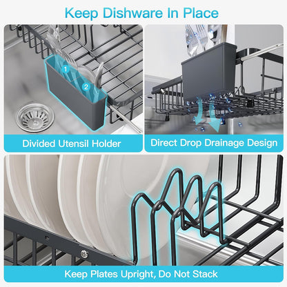 Black Dish Drying Rack in Sink, Dish Drainer with Utensil Holder