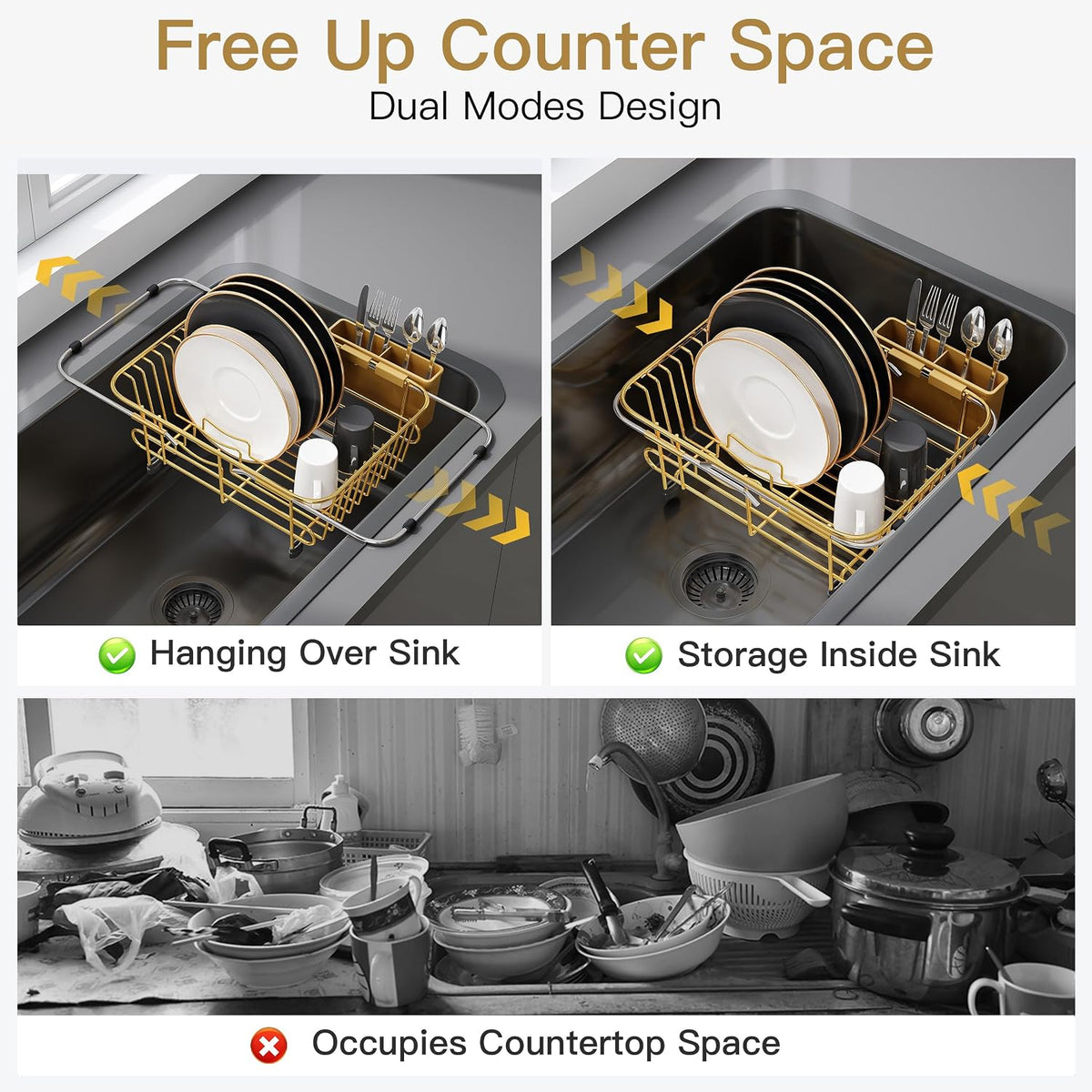 Black Dish Drying Rack in Sink, Dish Drainer with Utensil Holder