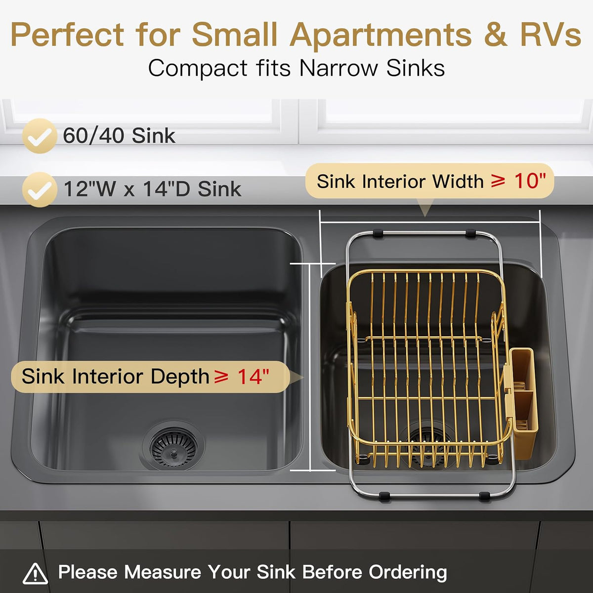 Black Dish Drying Rack in Sink, Dish Drainer with Utensil Holder