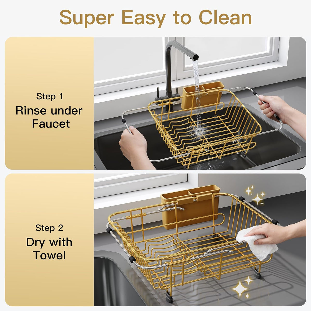 Black Dish Drying Rack in Sink, Dish Drainer with Utensil Holder