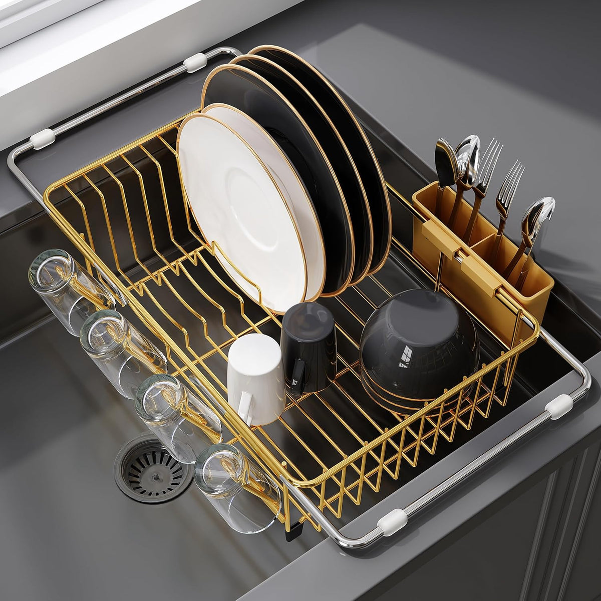 Black Dish Drying Rack in Sink, Dish Drainer with Utensil Holder