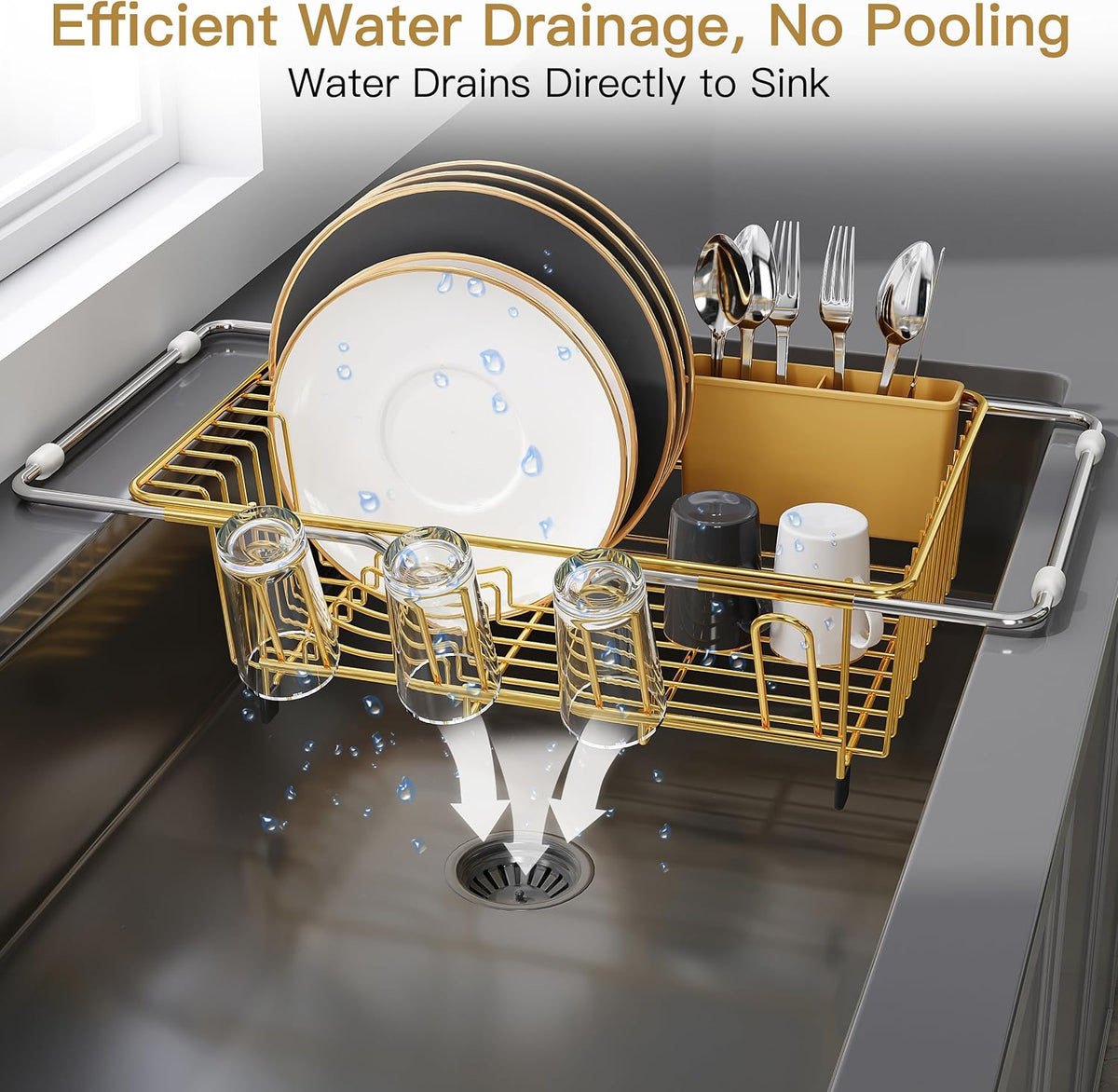 Black Dish Drying Rack in Sink, Dish Drainer with Utensil Holder
