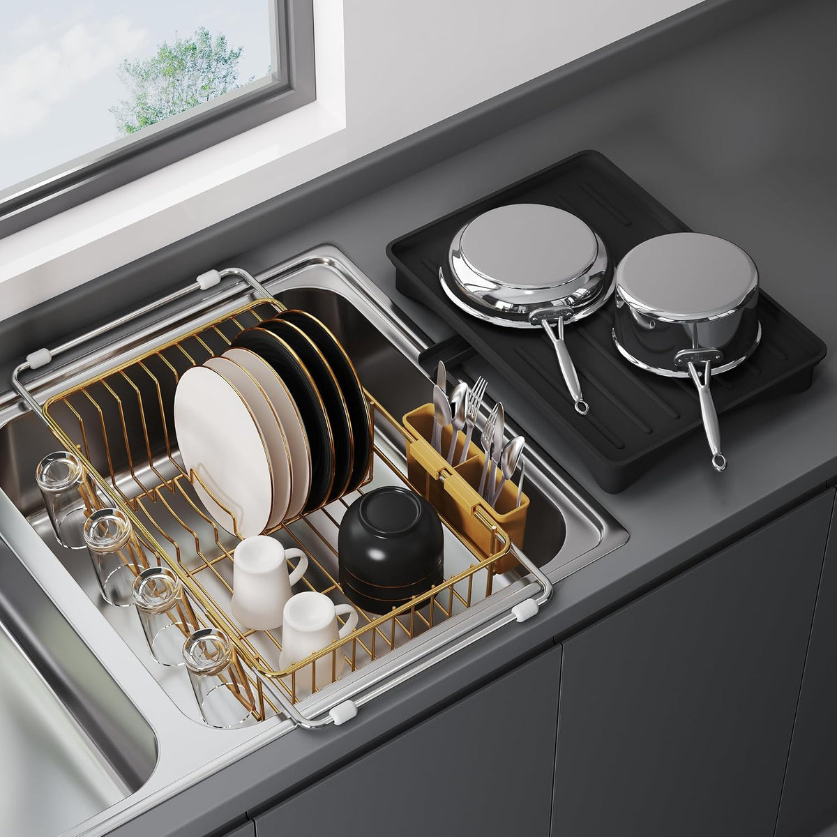 Black Dish Drying Rack in Sink, Dish Drainer with Utensil Holder