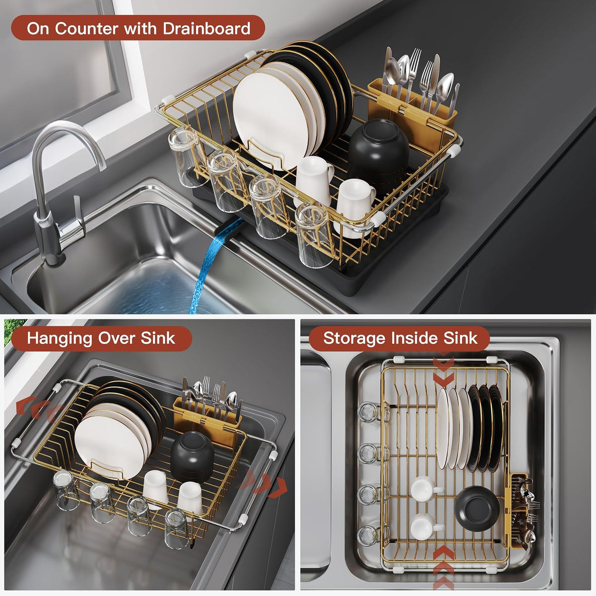 Black Dish Drying Rack in Sink, Dish Drainer with Utensil Holder
