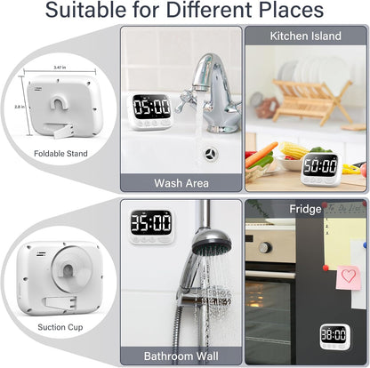 Shower Timer Waterproof Bathroom Toilet Timer Digital Kitchen for Wall Mount, Study w/Foldable Stand, Countdown Stopwatch w/Suction Cup for Swim, Rechargeable, White