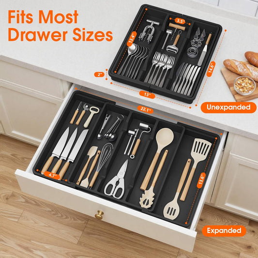 Large Expandable Silverware Drawer Organizer, Utensil Tray | Kitchen Drawer Organizer for Spoons/Forks/Knives, Multipurpose & BPA Free Cutlery Tray (1 Pack, Black)