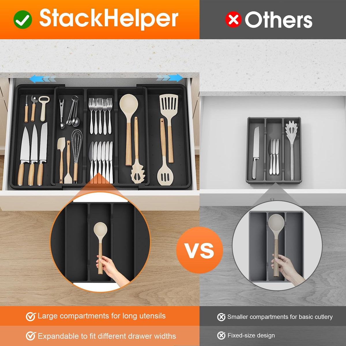 Large Expandable Silverware Drawer Organizer, Utensil Tray | Kitchen Drawer Organizer for Spoons/Forks/Knives, Multipurpose & BPA Free Cutlery Tray (1 Pack, Black)
