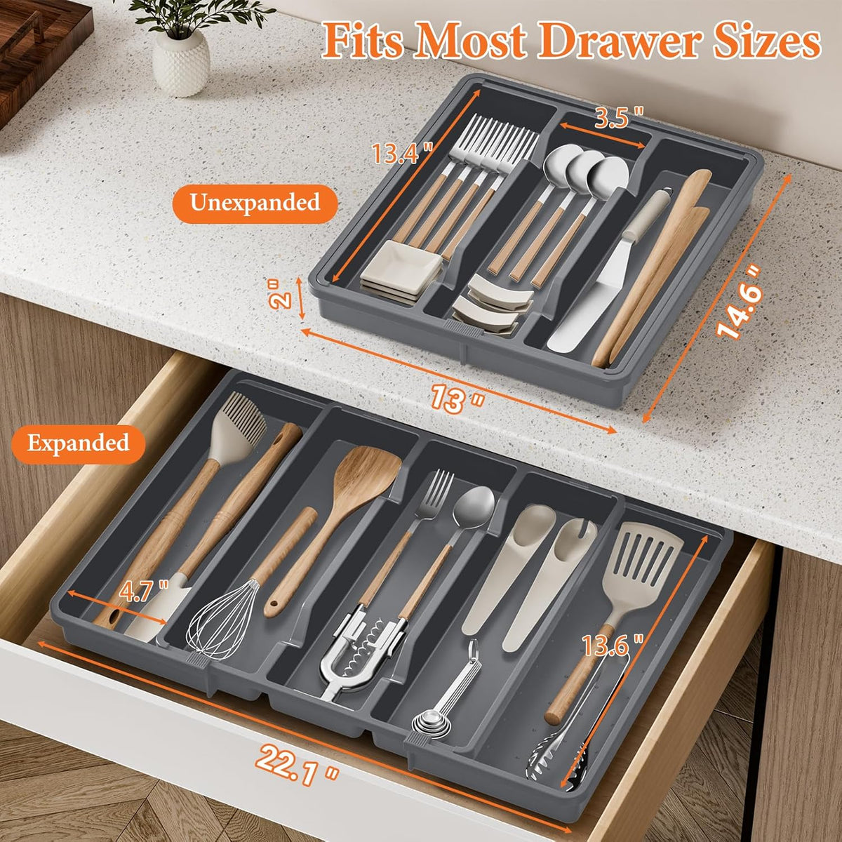 Large Expandable Silverware Drawer Organizer, Utensil Tray | Kitchen Drawer Organizer for Spoons/Forks/Knives, Multipurpose & BPA Free Cutlery Tray (1 Pack, Black)