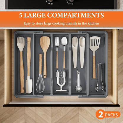Large Expandable Silverware Drawer Organizer, Utensil Tray | Kitchen Drawer Organizer for Spoons/Forks/Knives, Multipurpose & BPA Free Cutlery Tray (1 Pack, Black)