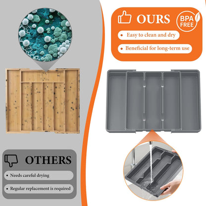 Large Expandable Silverware Drawer Organizer, Utensil Tray | Kitchen Drawer Organizer for Spoons/Forks/Knives, Multipurpose & BPA Free Cutlery Tray (1 Pack, Black)
