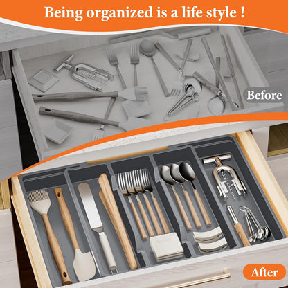 Large Expandable Silverware Drawer Organizer, Utensil Tray | Kitchen Drawer Organizer for Spoons/Forks/Knives, Multipurpose & BPA Free Cutlery Tray (1 Pack, Black)