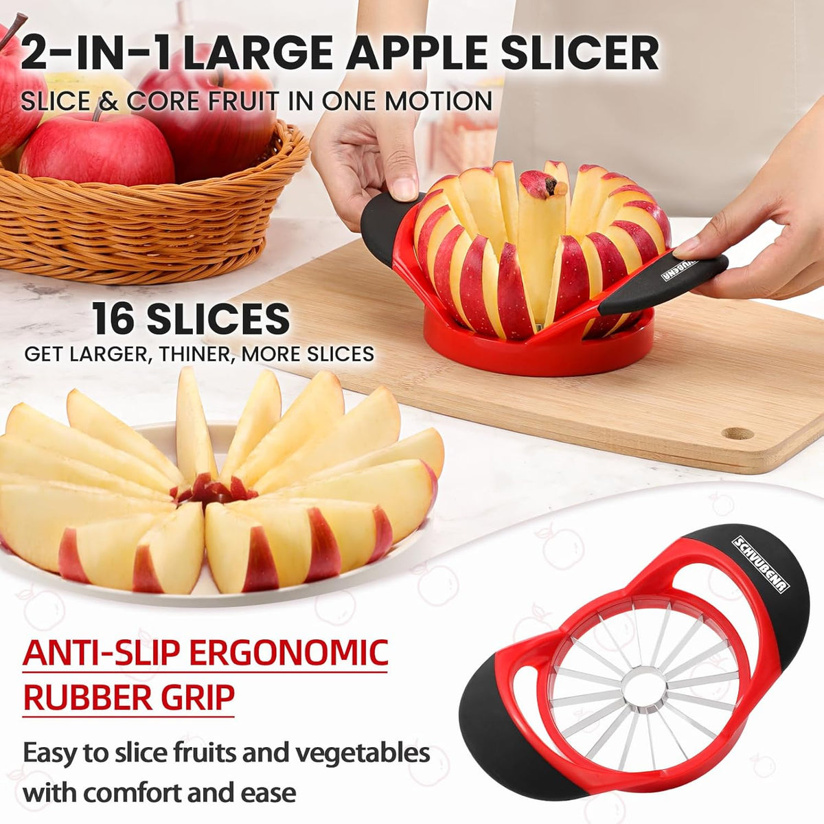 16-Blade Apple Slicer and Corer - 4.72 Inch Sharp Stainless Steel Apple Cutter - Professional Apple Divider Tool for Quick Slices - Easy to Use & Clean - Slice Fruits with Ease - Black