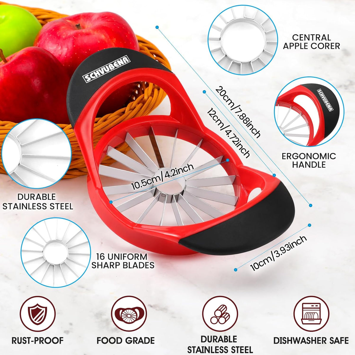 16-Blade Apple Slicer and Corer - 4.72 Inch Sharp Stainless Steel Apple Cutter - Professional Apple Divider Tool for Quick Slices - Easy to Use & Clean - Slice Fruits with Ease - Black