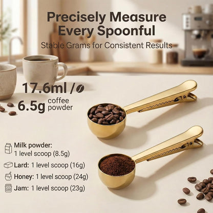 Stainless Steel Coffee Scoop with Clip - Coffee Scoop for Ground Coffee, Precision Coffee Measuring Scoop, Tablespoon Stainless Steel Scoop for Coffee, Tea, Protein Powder (Gold)