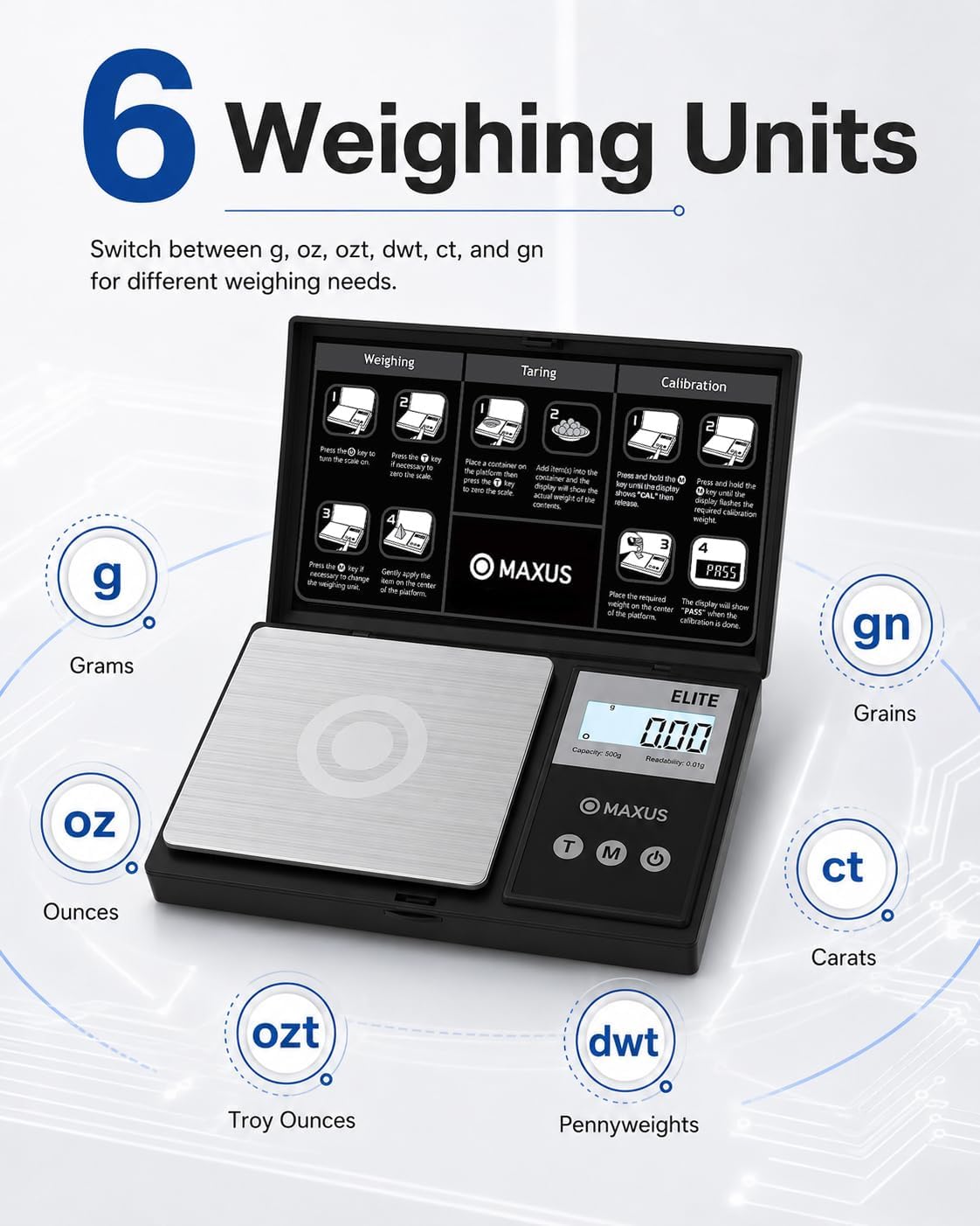 MAXUS Digital Pocket Gram Scale 500g x 0.01g High Precision with Tray