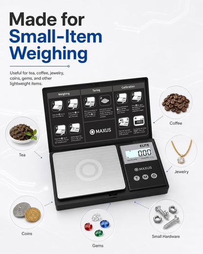 MAXUS Digital Pocket Gram Scale 500g x 0.01g High Precision with Tray