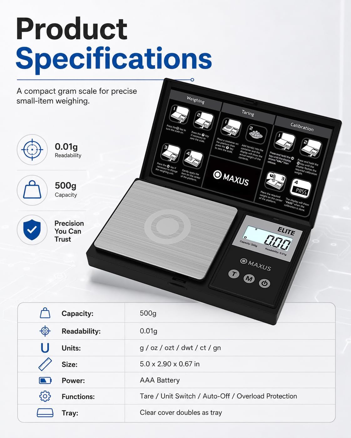 MAXUS Digital Pocket Gram Scale 500g x 0.01g High Precision with Tray