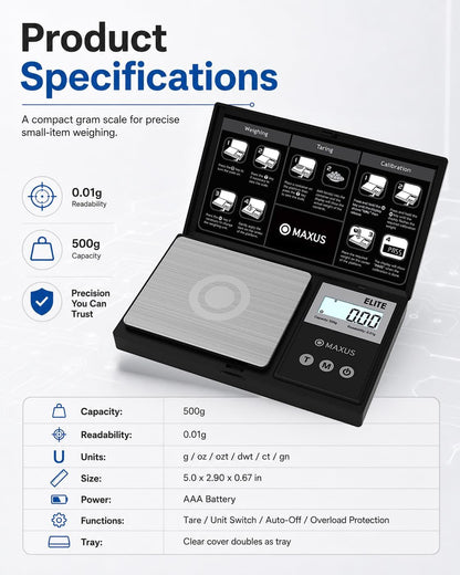MAXUS Digital Pocket Gram Scale 500g x 0.01g High Precision with Tray