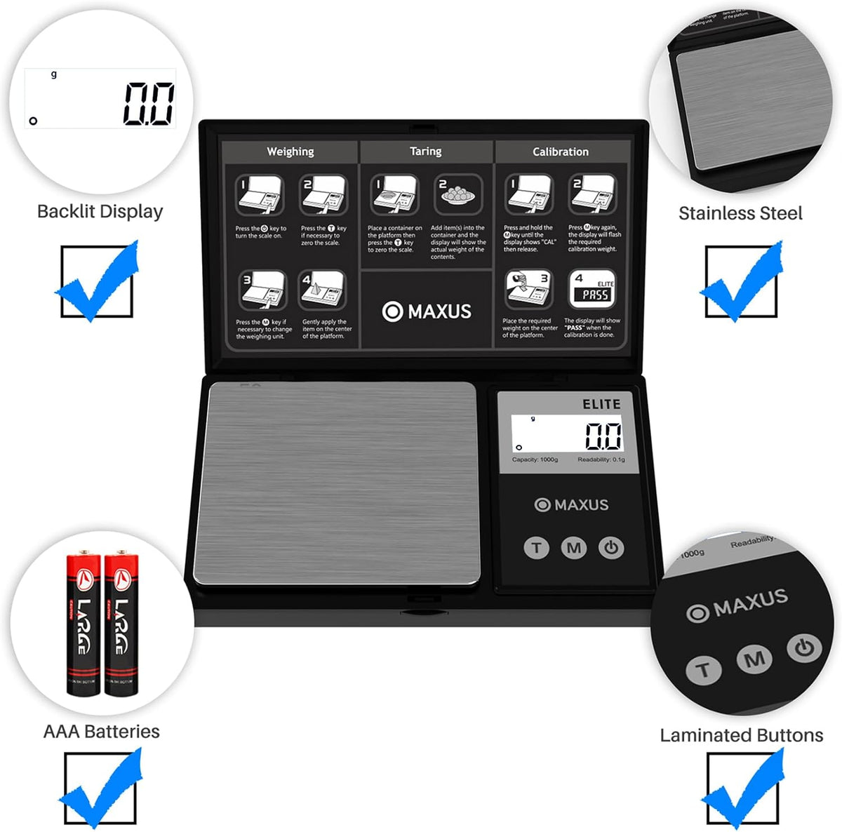 MAXUS Digital Pocket Gram Scale 500g x 0.01g High Precision with Tray