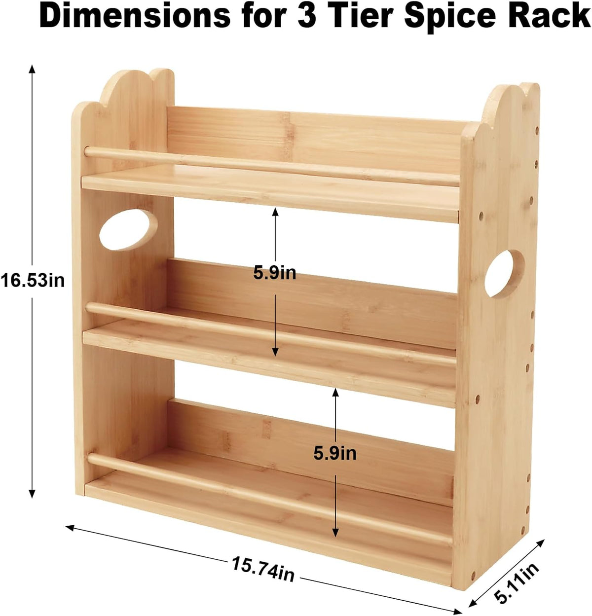 3 Tier Bamboo Spice Rack, Spice Rack Organizer, Seasoning Jars Rack Shelf Spice Organizer for Kitchen Counter or Wall Mounting, Spice Storage Holder with handles, Jars Not Included,Natural