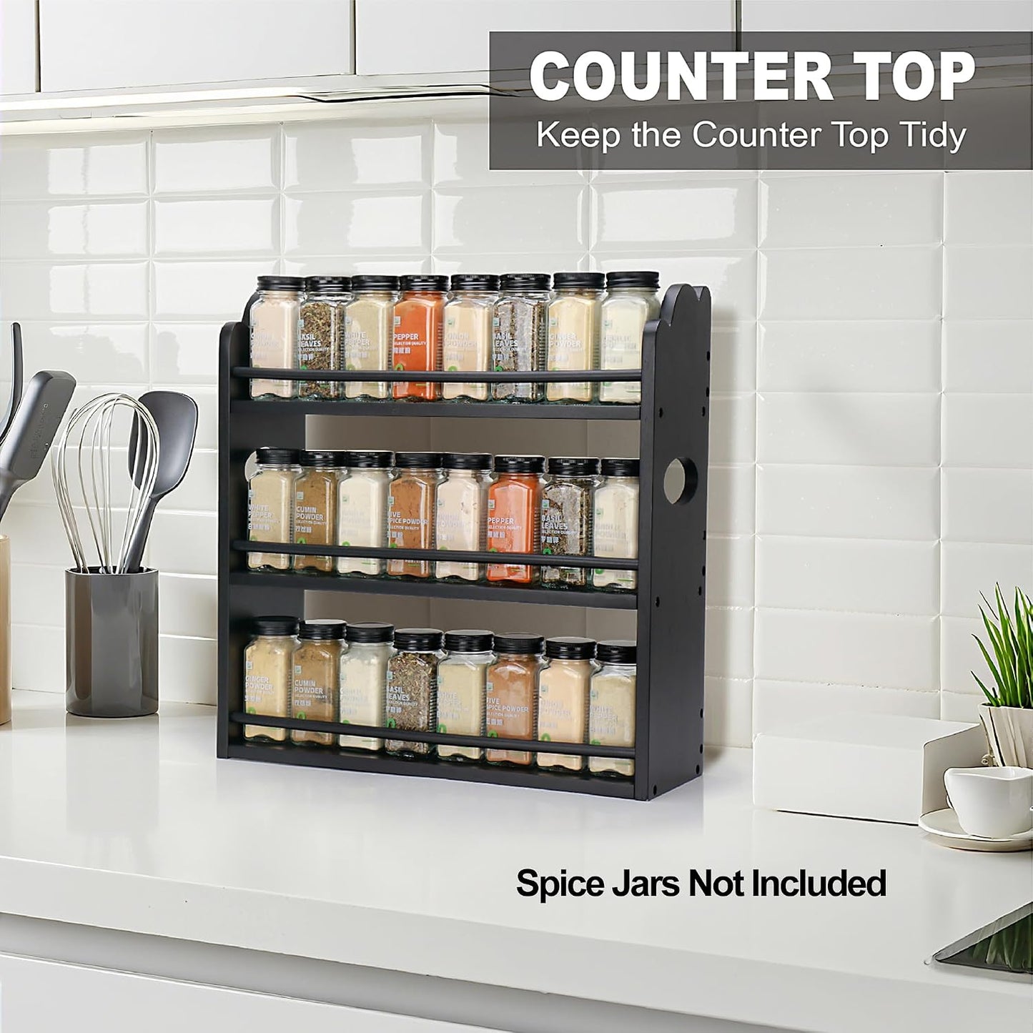 3 Tier Bamboo Spice Rack, Spice Rack Organizer, Seasoning Jars Rack Shelf Spice Organizer for Kitchen Counter or Wall Mounting, Spice Storage Holder with handles, Jars Not Included,Natural