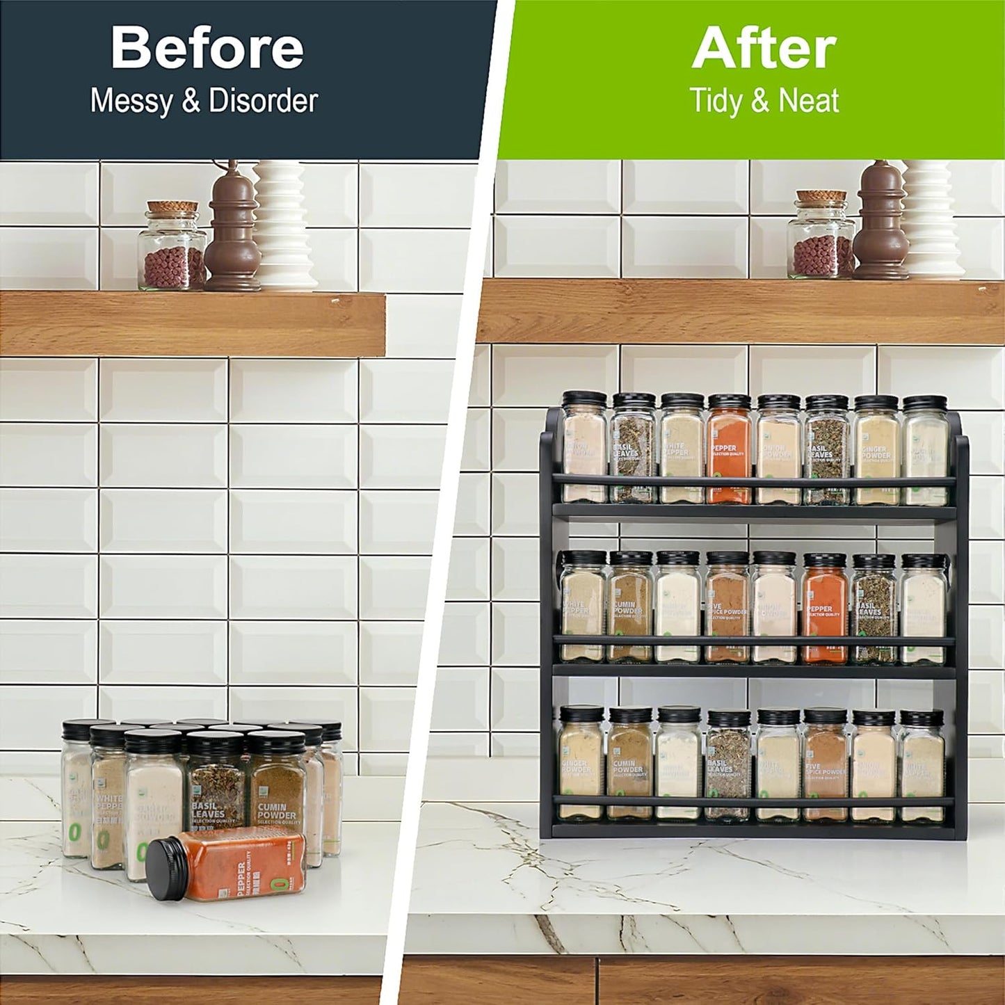 3 Tier Bamboo Spice Rack, Spice Rack Organizer, Seasoning Jars Rack Shelf Spice Organizer for Kitchen Counter or Wall Mounting, Spice Storage Holder with handles, Jars Not Included,Natural