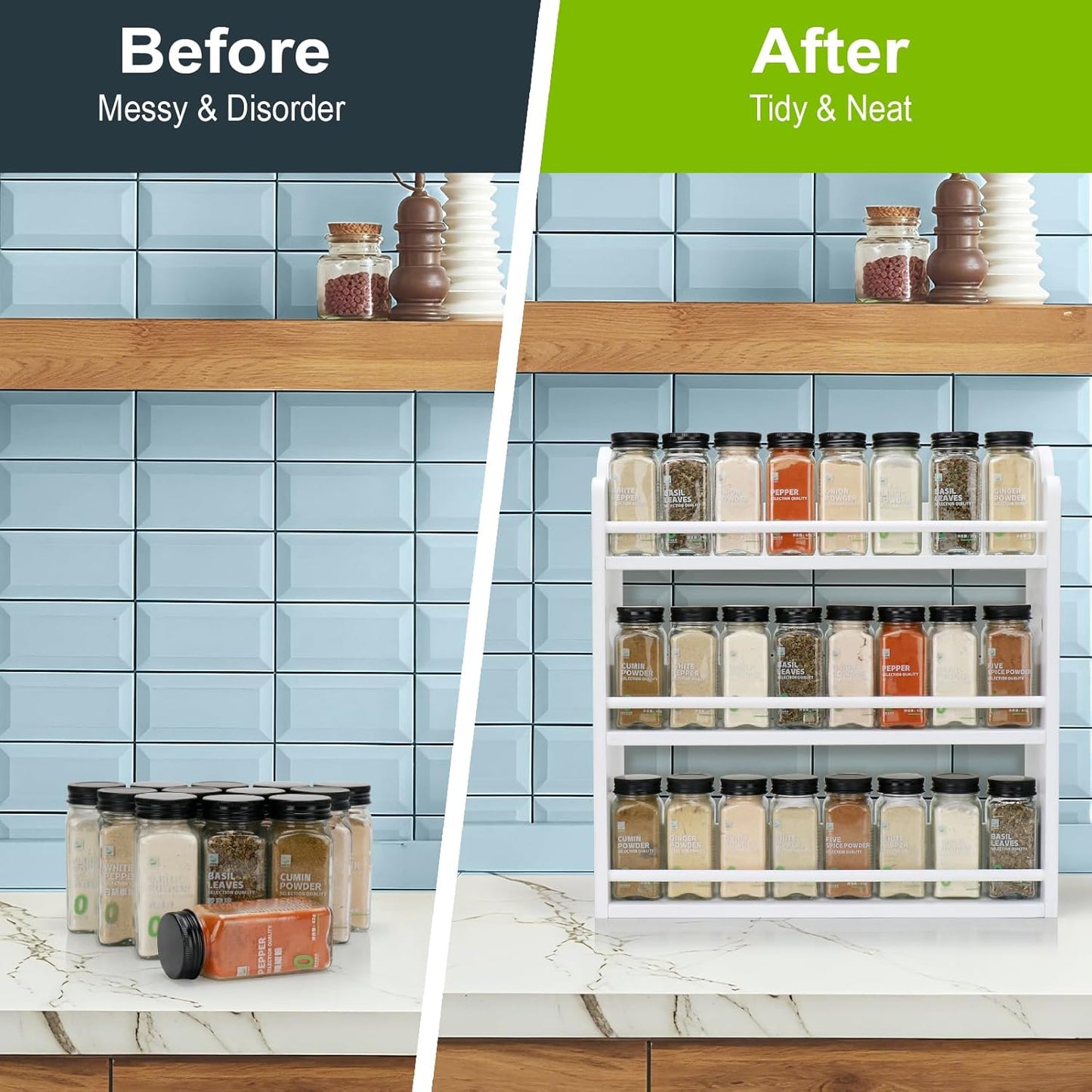 3 Tier Bamboo Spice Rack, Spice Rack Organizer, Seasoning Jars Rack Shelf Spice Organizer for Kitchen Counter or Wall Mounting, Spice Storage Holder with handles, Jars Not Included,Natural