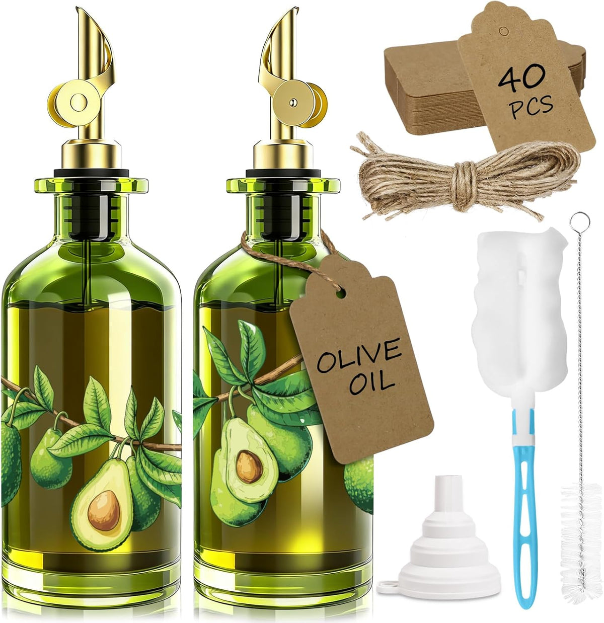 Olive Oil Dispenser Bottle for Kitchen, 12oz/350ml Extra Thick Glass Oil and Vinegar Cruet with Stainless Steel Pourer, Funnel & Cleaning Brush, Premium Oil Dispenser Set (Avocado)