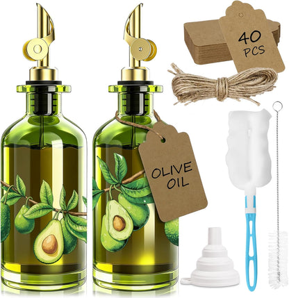 Olive Oil Dispenser Bottle for Kitchen, 12oz/350ml Extra Thick Glass Oil and Vinegar Cruet with Stainless Steel Pourer, Funnel & Cleaning Brush, Premium Oil Dispenser Set (Avocado)