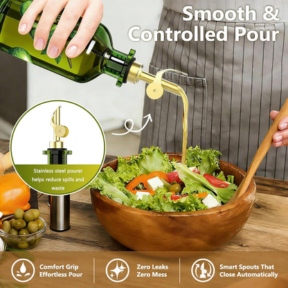Olive Oil Dispenser Bottle for Kitchen, 12oz/350ml Extra Thick Glass Oil and Vinegar Cruet with Stainless Steel Pourer, Funnel & Cleaning Brush, Premium Oil Dispenser Set (Avocado)