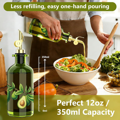 Olive Oil Dispenser Bottle for Kitchen, 12oz/350ml Extra Thick Glass Oil and Vinegar Cruet with Stainless Steel Pourer, Funnel & Cleaning Brush, Premium Oil Dispenser Set (Avocado)