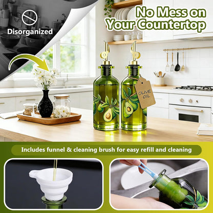 Olive Oil Dispenser Bottle for Kitchen, 12oz/350ml Extra Thick Glass Oil and Vinegar Cruet with Stainless Steel Pourer, Funnel & Cleaning Brush, Premium Oil Dispenser Set (Avocado)