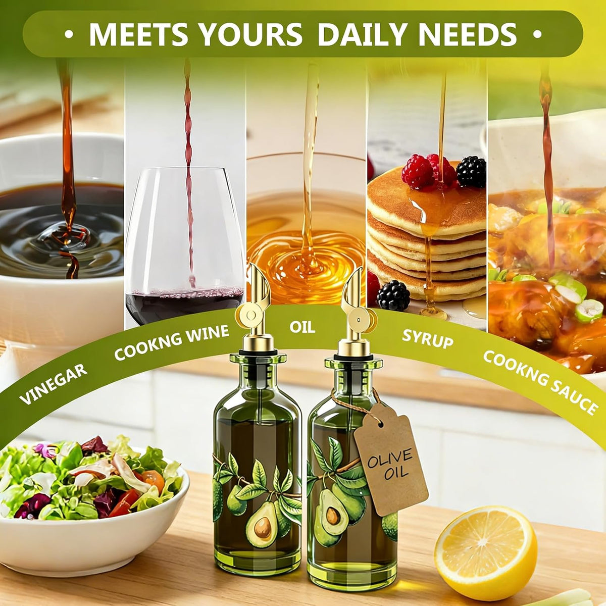 Olive Oil Dispenser Bottle for Kitchen, 12oz/350ml Extra Thick Glass Oil and Vinegar Cruet with Stainless Steel Pourer, Funnel & Cleaning Brush, Premium Oil Dispenser Set (Avocado)